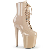 Pleaser XTREME-1020 Nude Pat 8 Inch (200mm) Heel, 4 Inch (100mm) Platform Lace-Up Front Ankle Boot, Inside Zip Closure